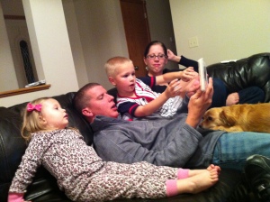 Story time with Uncle Timmy, Kaden and Aunt Wes. 